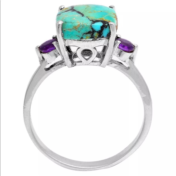 Gorgeous genuine turquoise with faceted amethyst sterling silver rings - Picture 3 of 6
